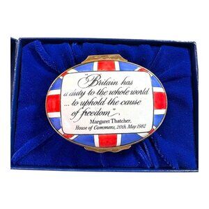 Halcyon Days Enamel Box Union Jack & Margaret Thatcher Quote 1982 Atlantic Fund